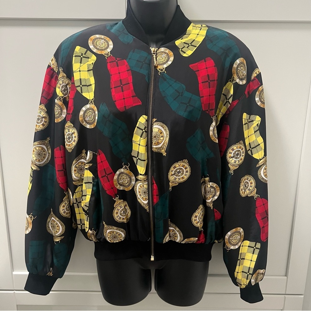 MARCELLA Bomber Graphic Patterned Jacket | Size 7/8 | Pocket Watch Ribbon Design